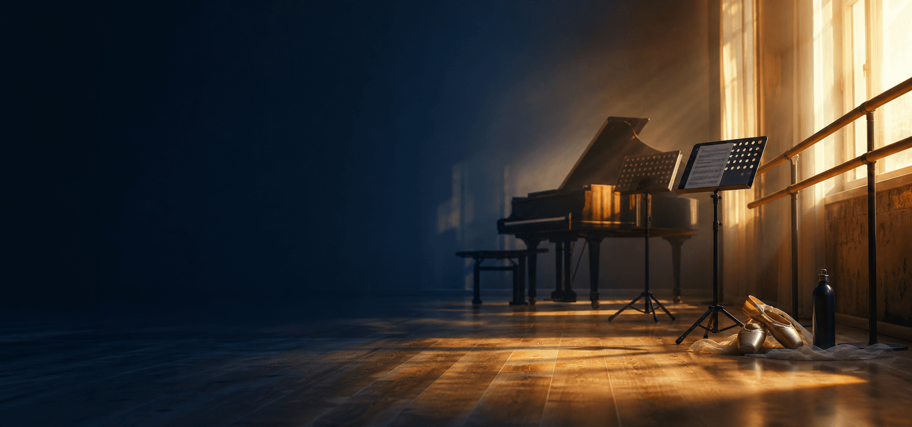 Studio de musique et de danse baigné d'une lumière dorée